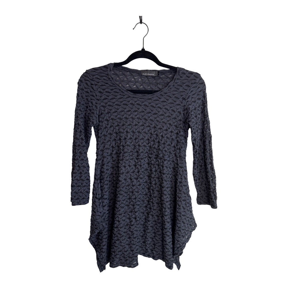 Cut Loose Black Textured Sharkbite Hem Top Small 3/4 Sleeve Lagenlook Bohemian